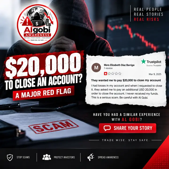 Algobi Awareness campaign graphic quoting a one-star Trustpilot review from an Algobi user who says she was asked to pay USD 20,000 to close her account